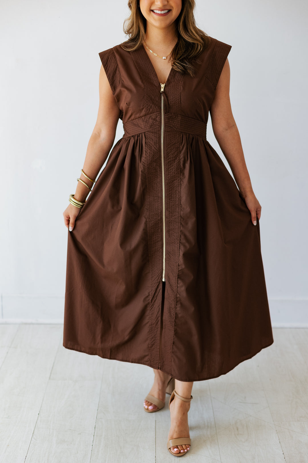 BROWN ZIP UP MIDI DRESS