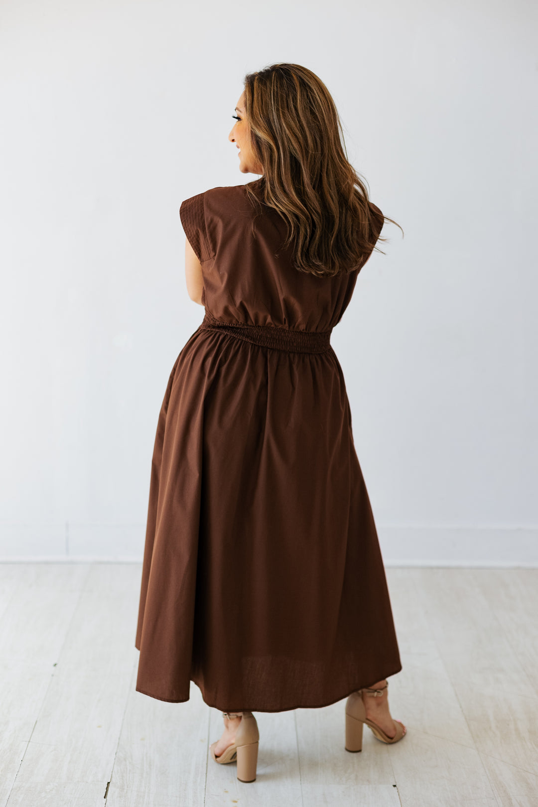 BROWN ZIP UP MIDI DRESS