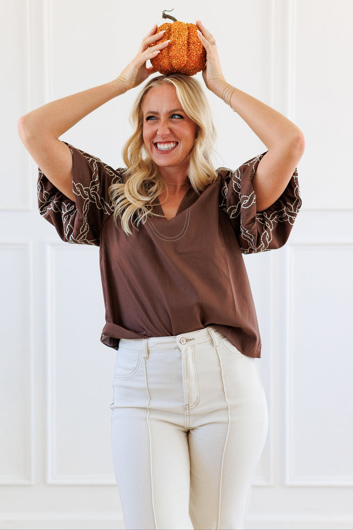 BROWN EMBROIDERED WESTERN TOP