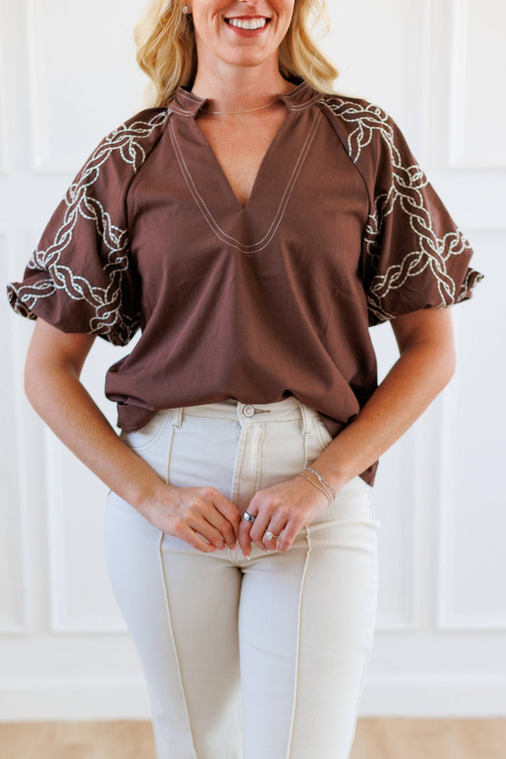 BROWN EMBROIDERED WESTERN TOP