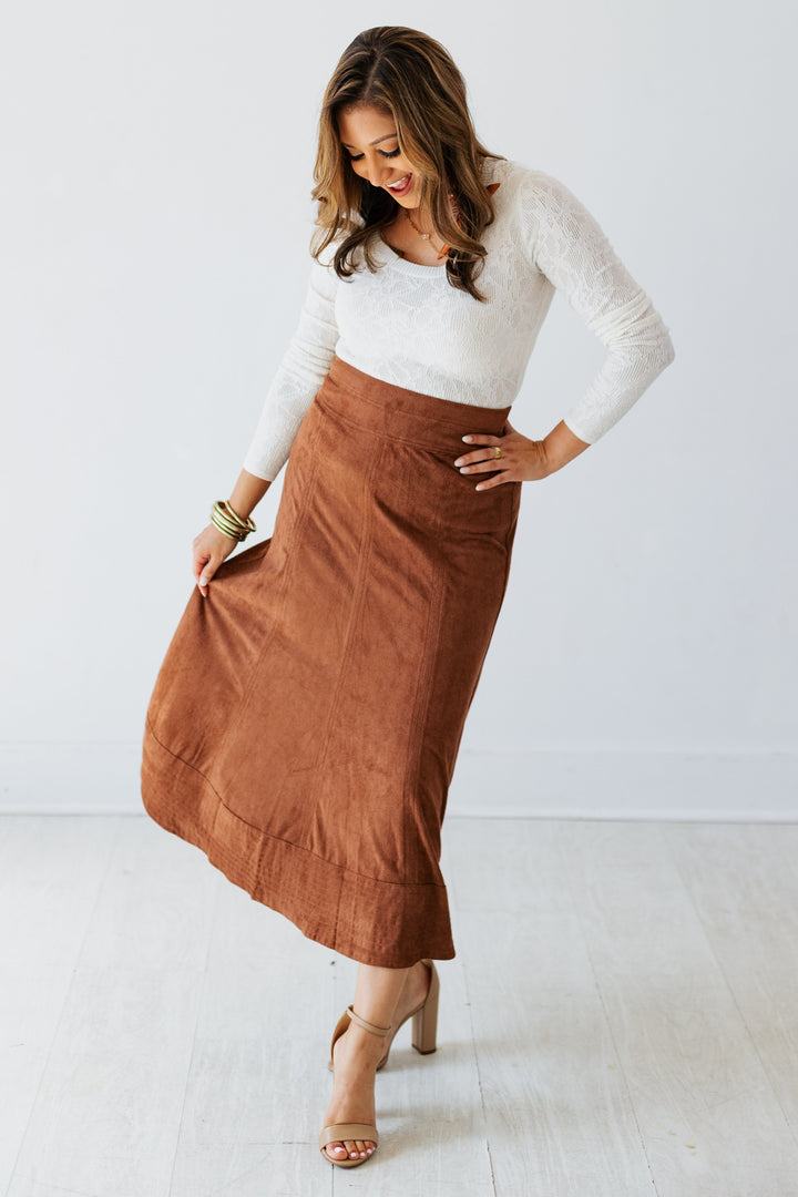 BROWN SUEDE MIDI SKIRT