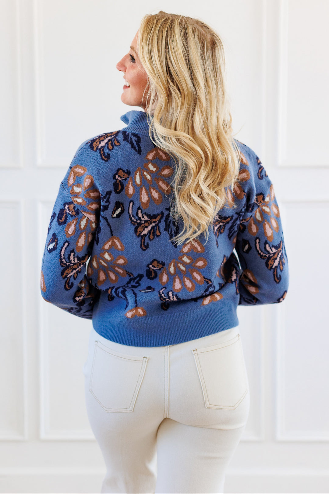 DUSTY BLUE PATTERN QUARTER ZIP SWEATER