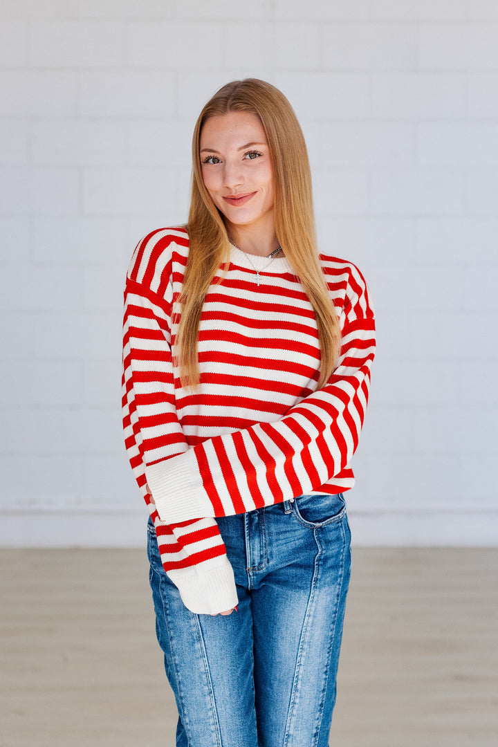 SYDNEY STRIPE PULLOVER SWEATER- RED