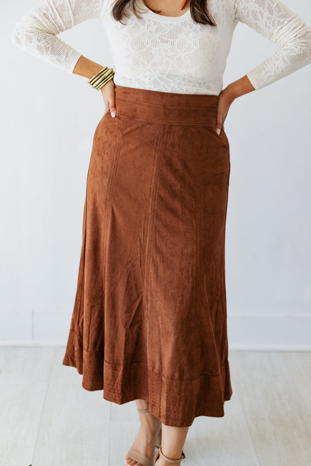 BROWN SUEDE MIDI SKIRT