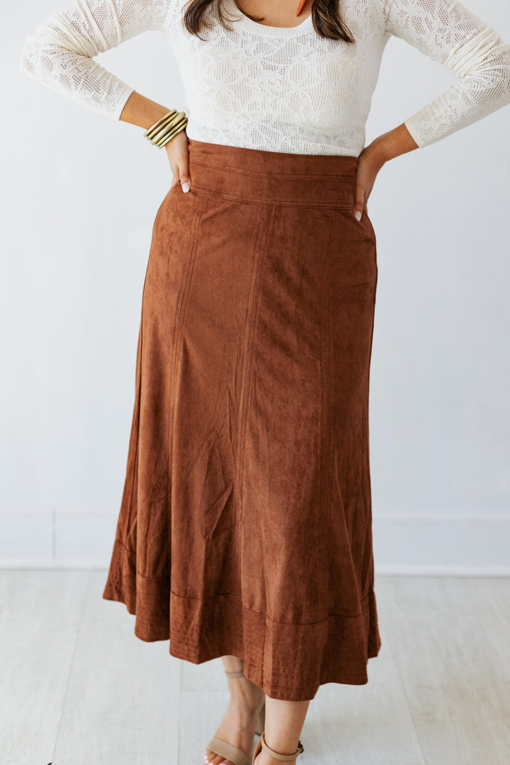 BROWN SUEDE MIDI SKIRT