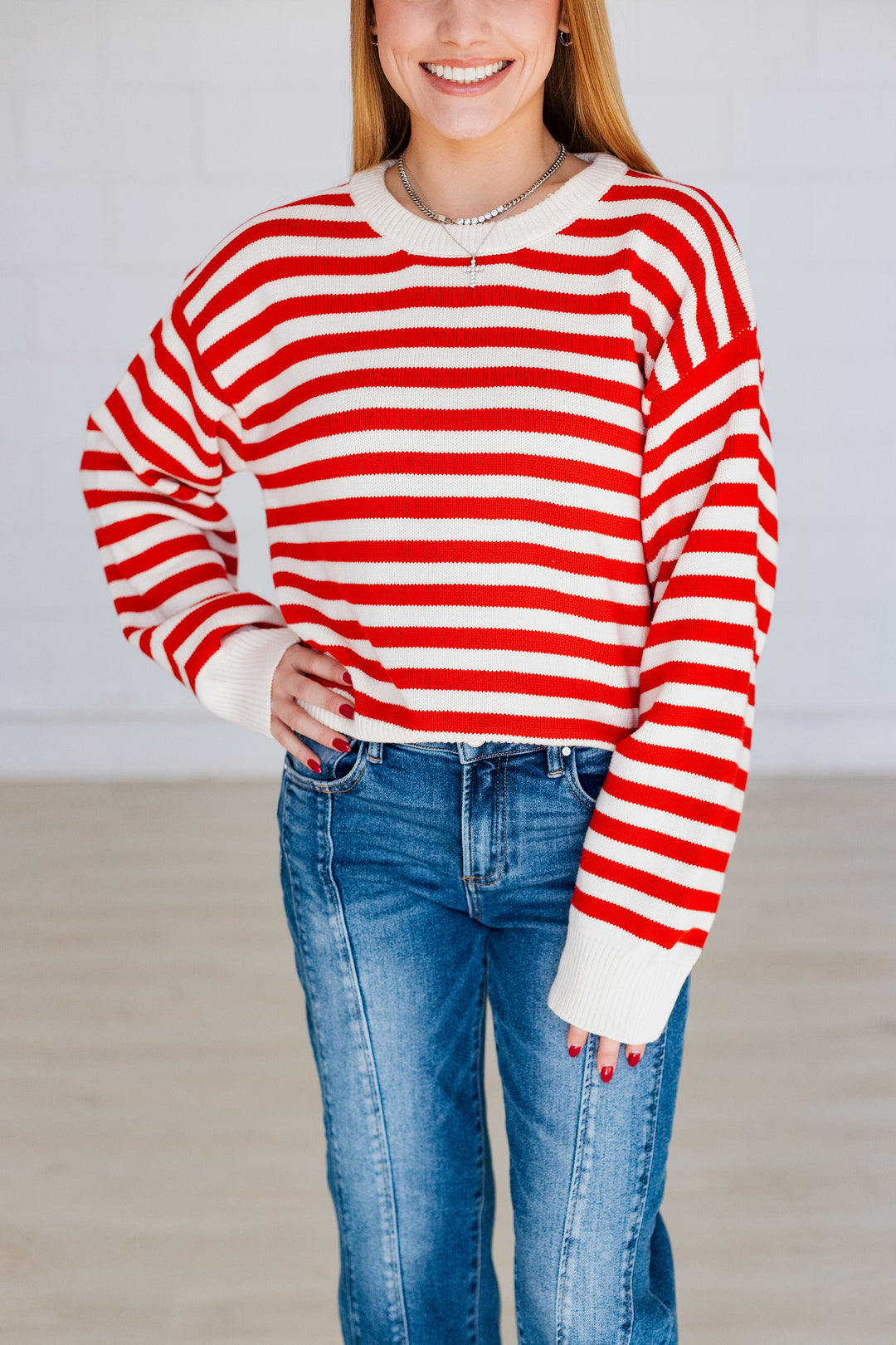 SYDNEY STRIPE PULLOVER SWEATER- RED