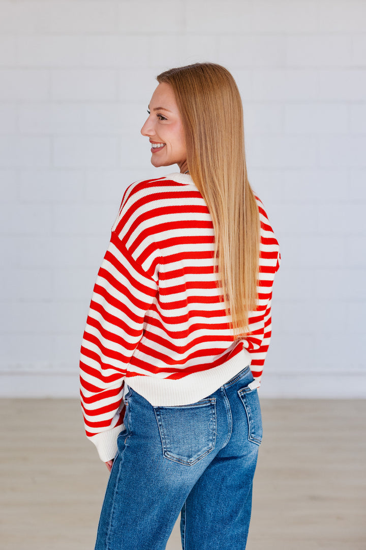SYDNEY STRIPE PULLOVER SWEATER- RED
