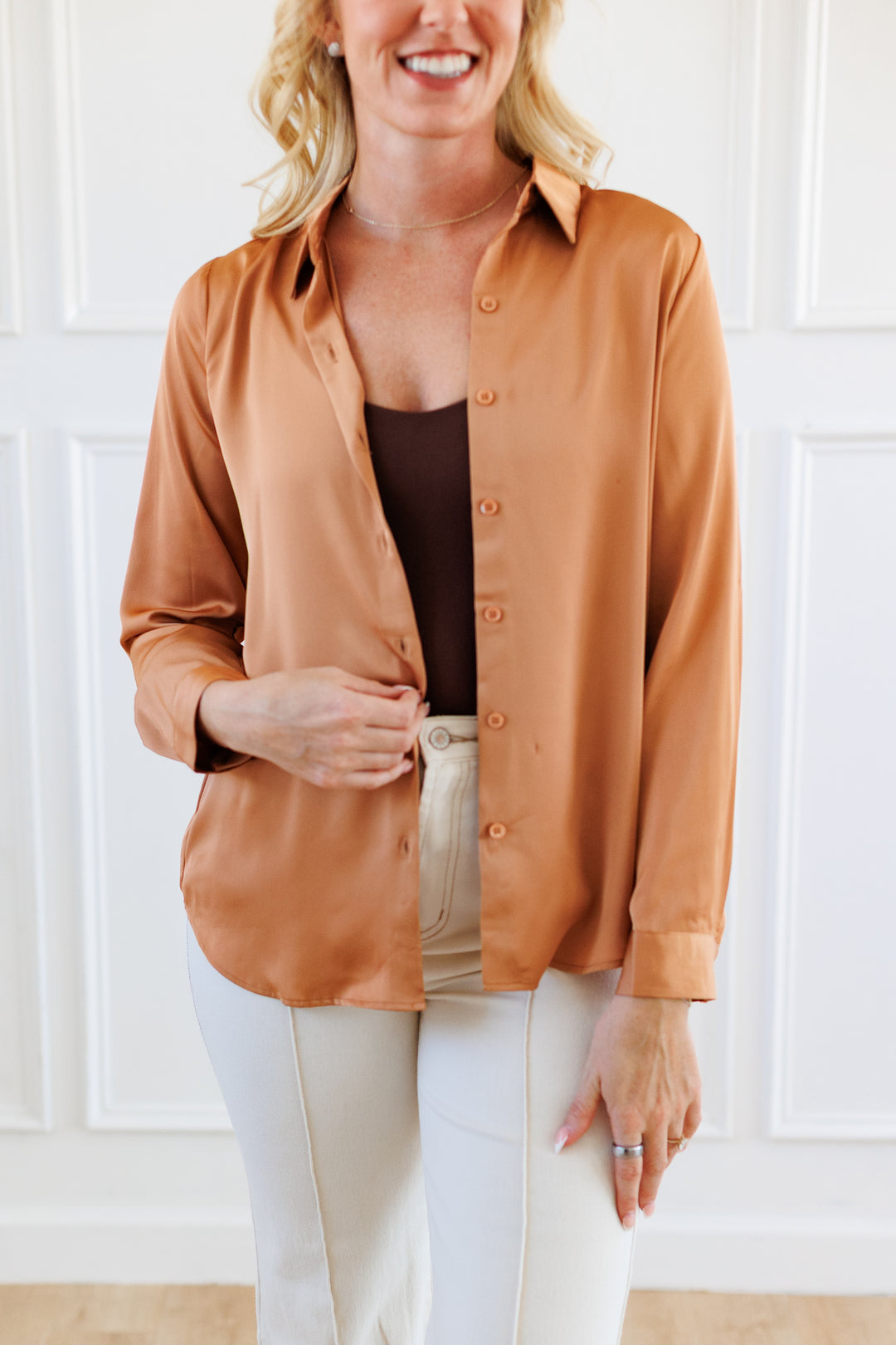 HAZELNUT SATIN BUTTON FRONT BLOUSE