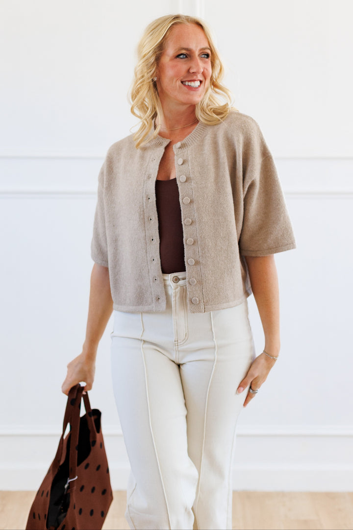 OATMEAL SHORT SLEEVE CARDIGAN