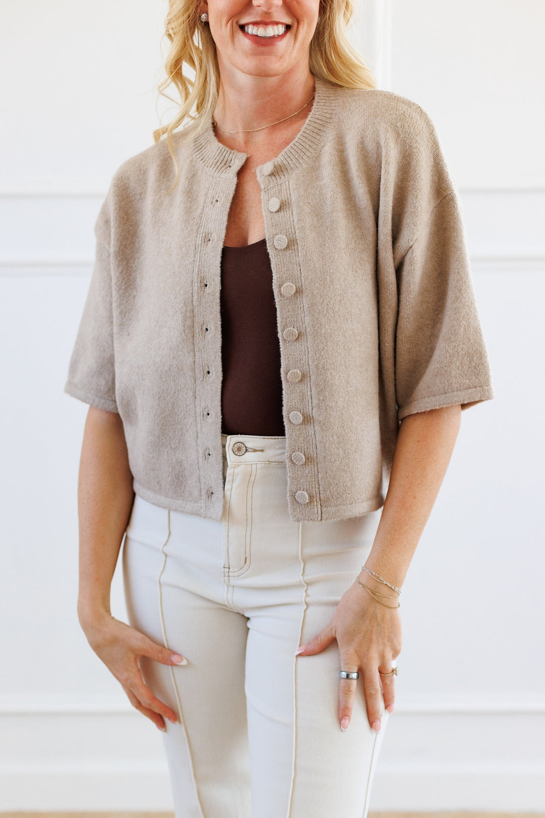 OATMEAL SHORT SLEEVE CARDIGAN