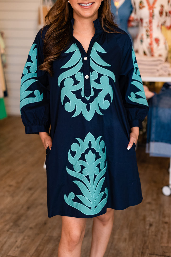 NAVY &amp; AQUA APPLIQUE DRESS