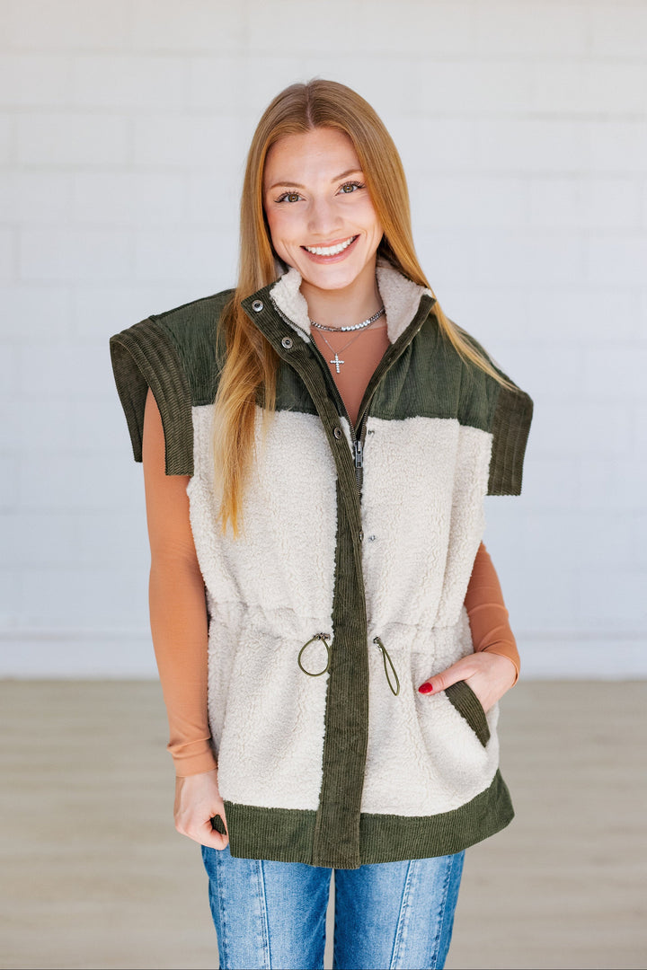 OLIVE & CREAM CORD SHERPA VEST