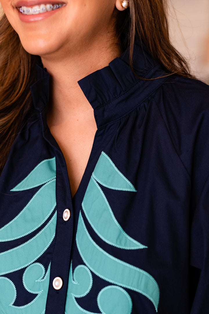 NAVY &amp; AQUA APPLIQUE DRESS