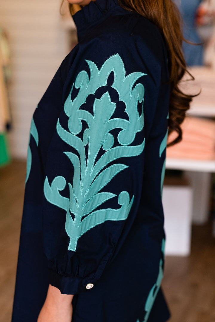 NAVY &amp; AQUA APPLIQUE DRESS