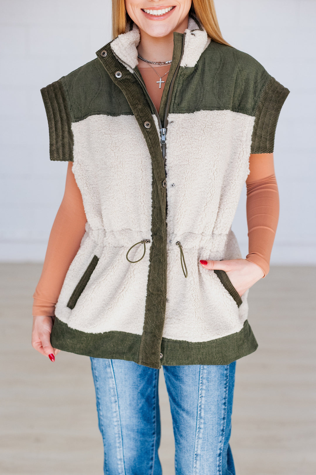 OLIVE & CREAM CORD SHERPA VEST