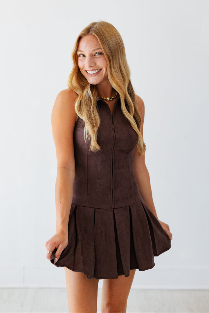 CHOCOLATE SUEDE PLEATED MINI DRESS