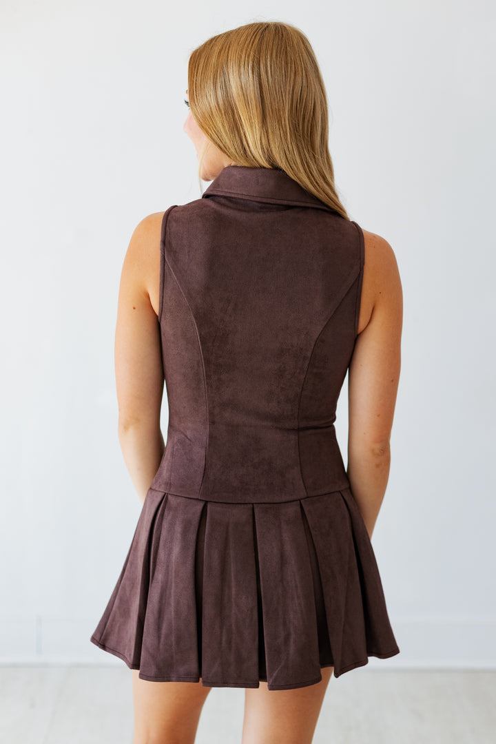 CHOCOLATE SUEDE PLEATED MINI DRESS