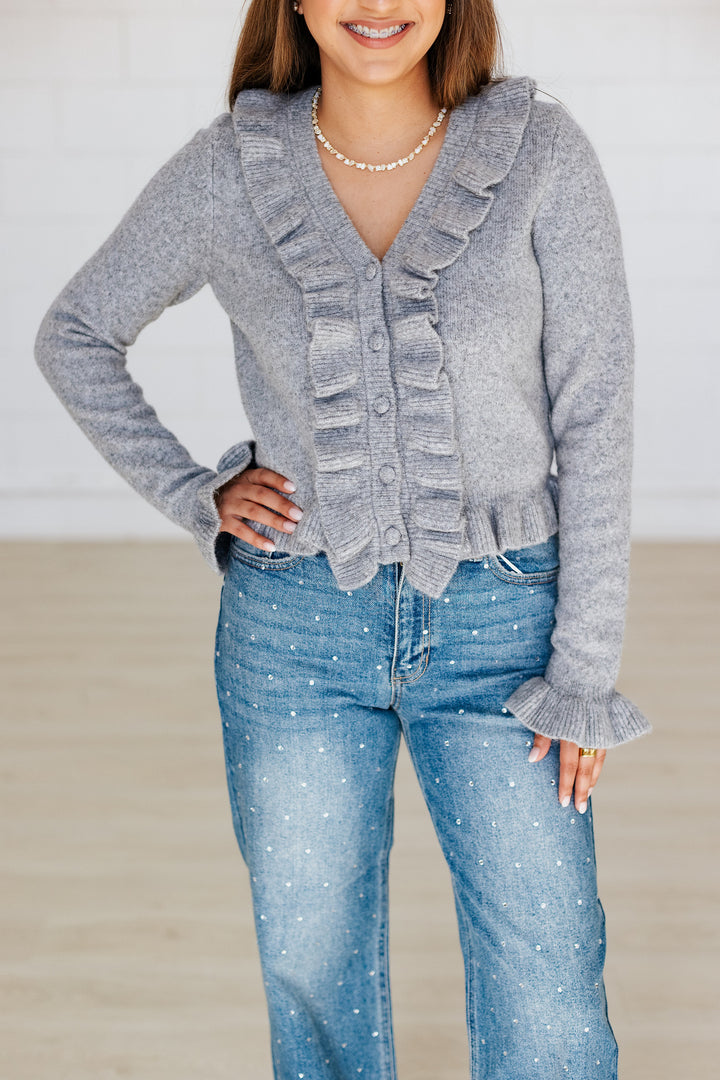 GRACIE GREY RUFFLE HEM CARDIGAN