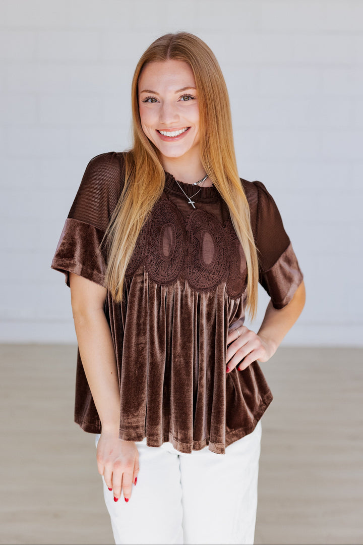 CHOCOLATE BROWN VELVET LACE APPLIQUE BLOUSE