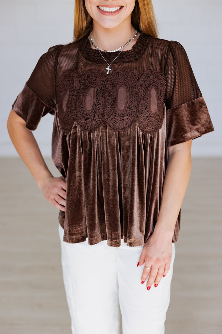CHOCOLATE BROWN VELVET LACE APPLIQUE BLOUSE