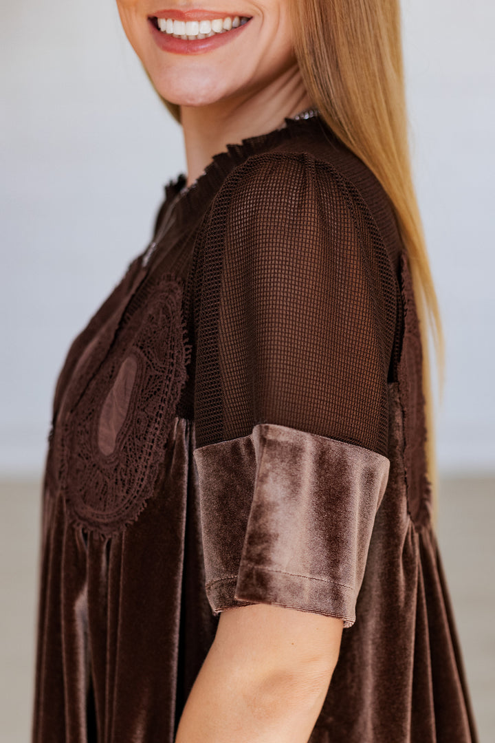 CHOCOLATE BROWN VELVET LACE APPLIQUE BLOUSE
