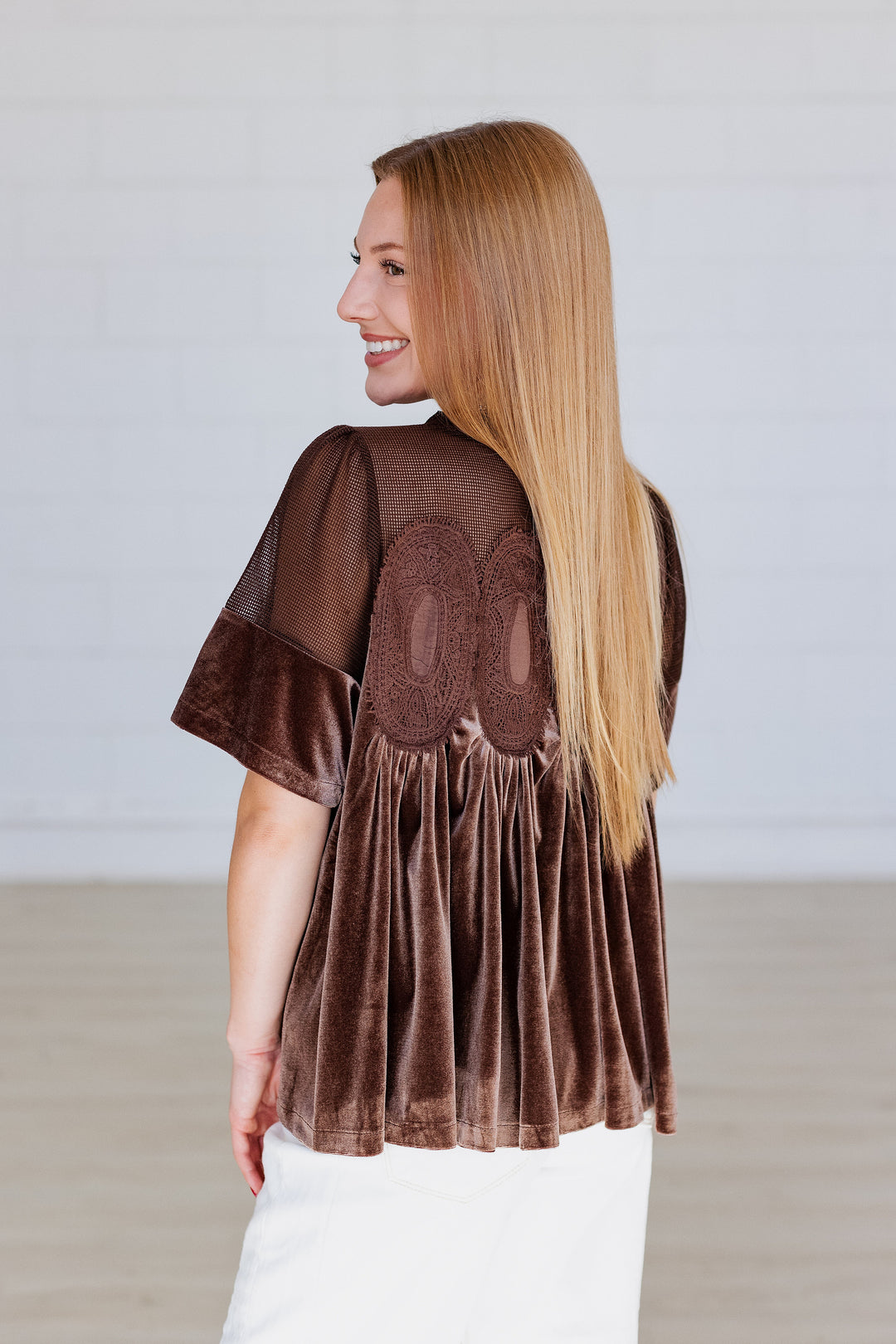 CHOCOLATE BROWN VELVET LACE APPLIQUE BLOUSE