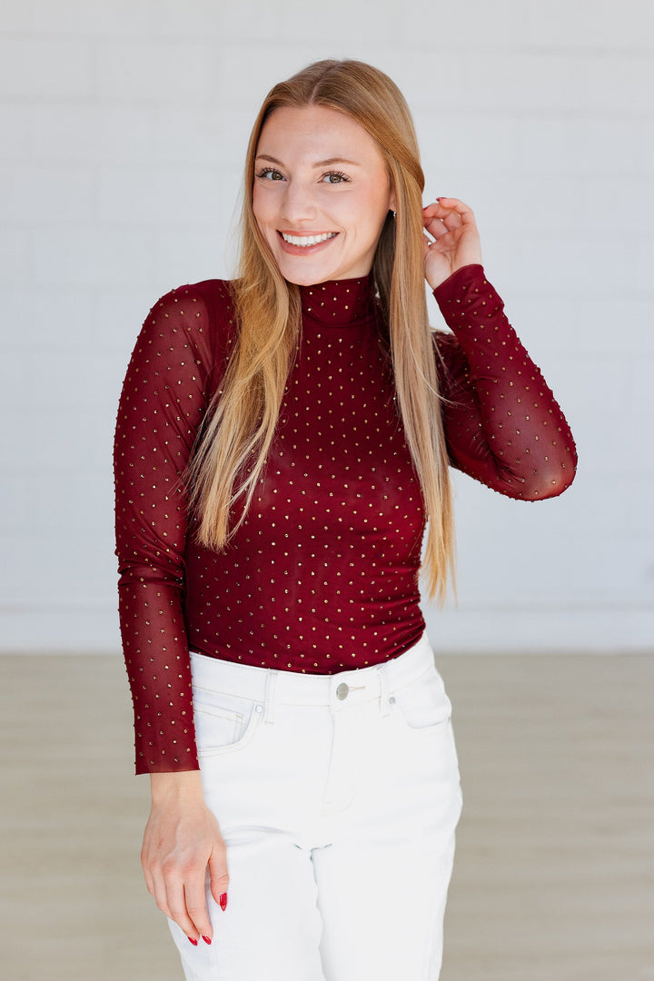 LONG SLEEVE EMBELLISHED TOP- BURGUNDY