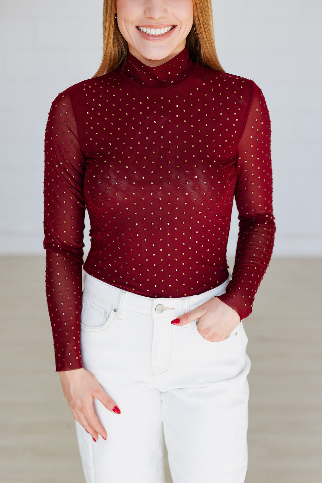 LONG SLEEVE EMBELLISHED TOP- BURGUNDY