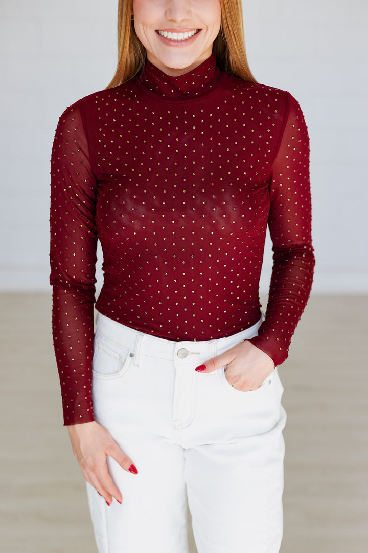 LONG SLEEVE EMBELLISHED TOP- BURGUNDY