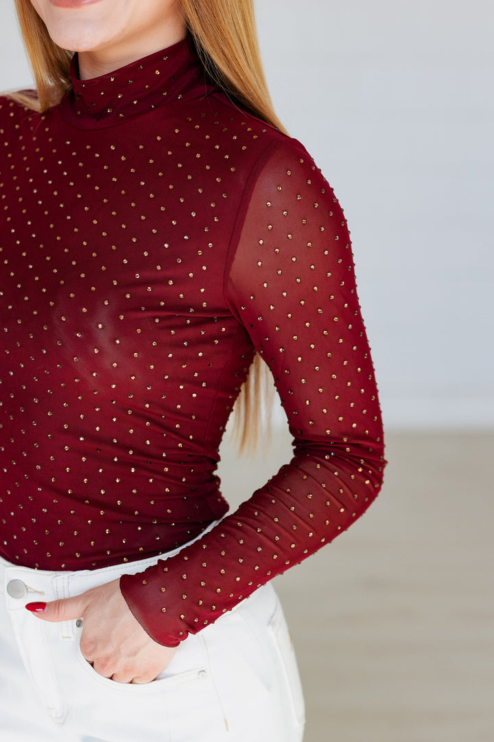 LONG SLEEVE EMBELLISHED TOP- BURGUNDY