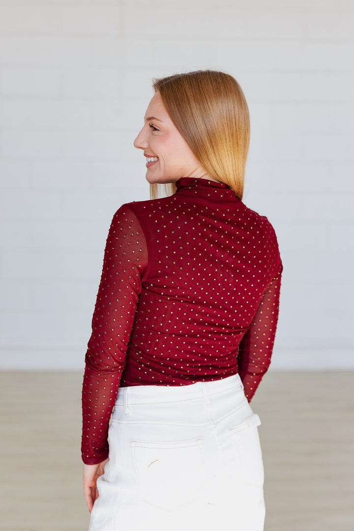 LONG SLEEVE EMBELLISHED TOP- BURGUNDY