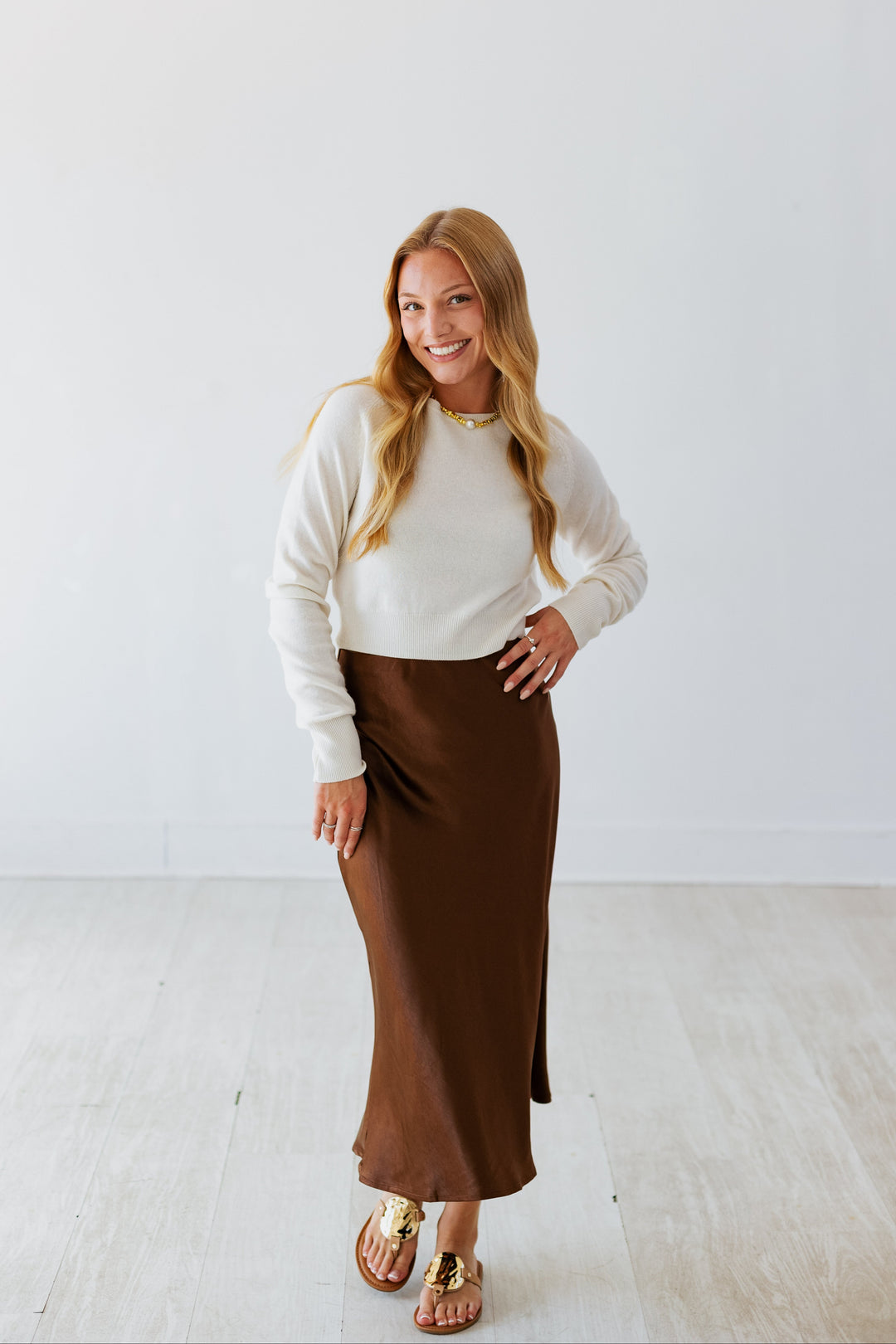 COCOA BROWN MIDI SATIN SKIRT