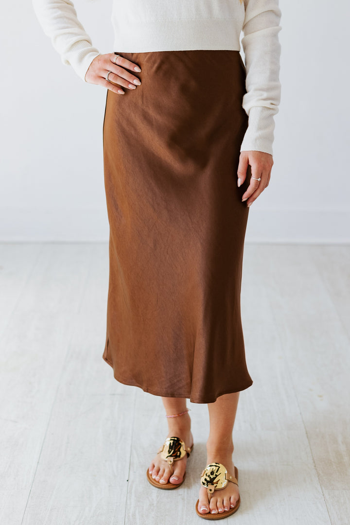 COCOA BROWN MIDI SATIN SKIRT