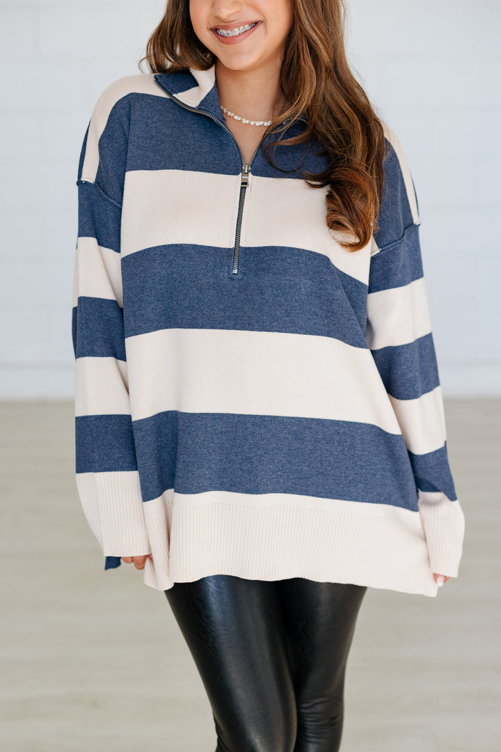 NAVY & CREAM RUBGY HALF ZIP SWEATER