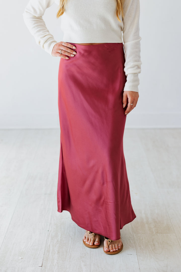 DARK ROSE SATIN MIDI SKIRT