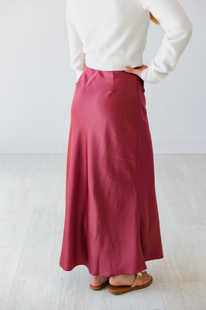 DARK ROSE SATIN MIDI SKIRT