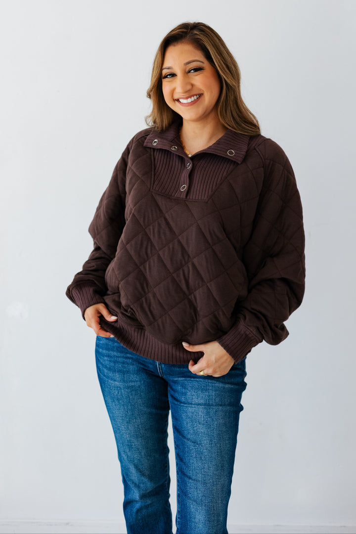QUARTER SNAP QUILTED PULLOVER- ESPRESSO