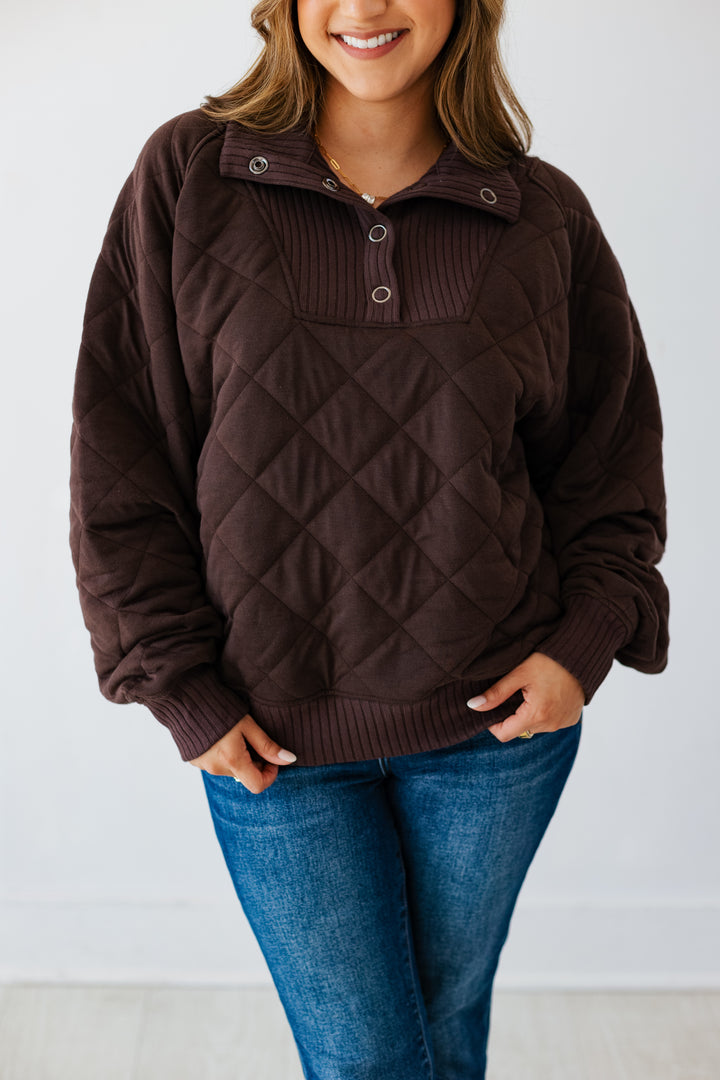 QUARTER SNAP QUILTED PULLOVER- ESPRESSO