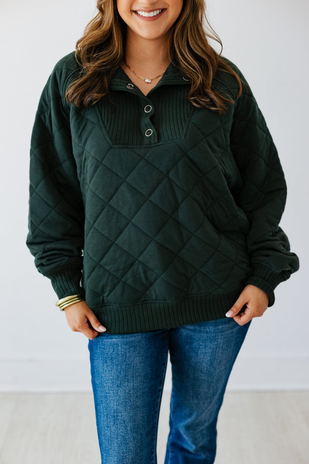 QUARTER SNAP QUILTED PULLOVER- REGENCY GREEN
