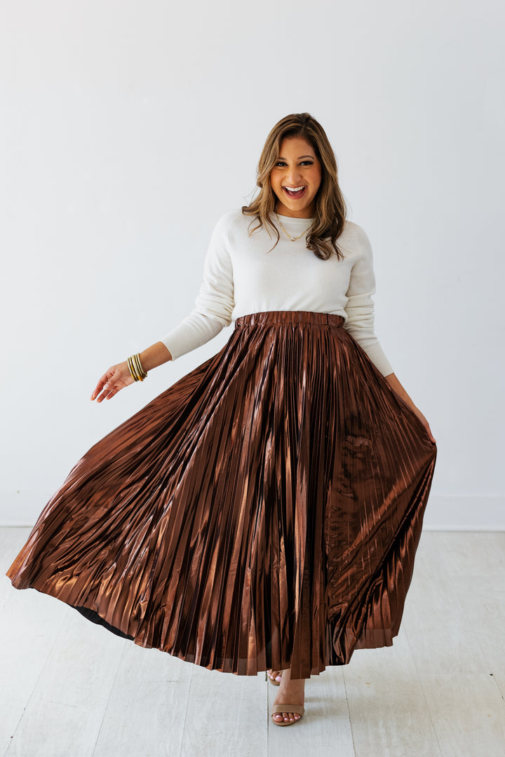 CHOCOLATE METALLIC PLEATED MIDI SKIRT