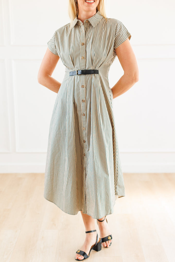 BELTED STRIPE MIDI DRESS
