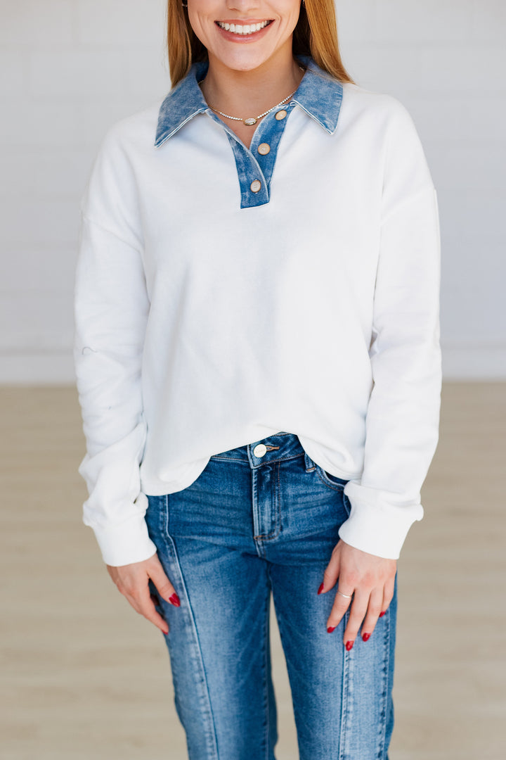 VINTAGE WHITE DENIM COLLAR POLO TOP