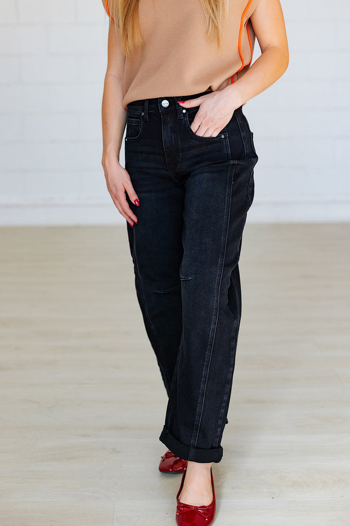 BLACK HIGHRISE CROP CUFF BARREL JEAN