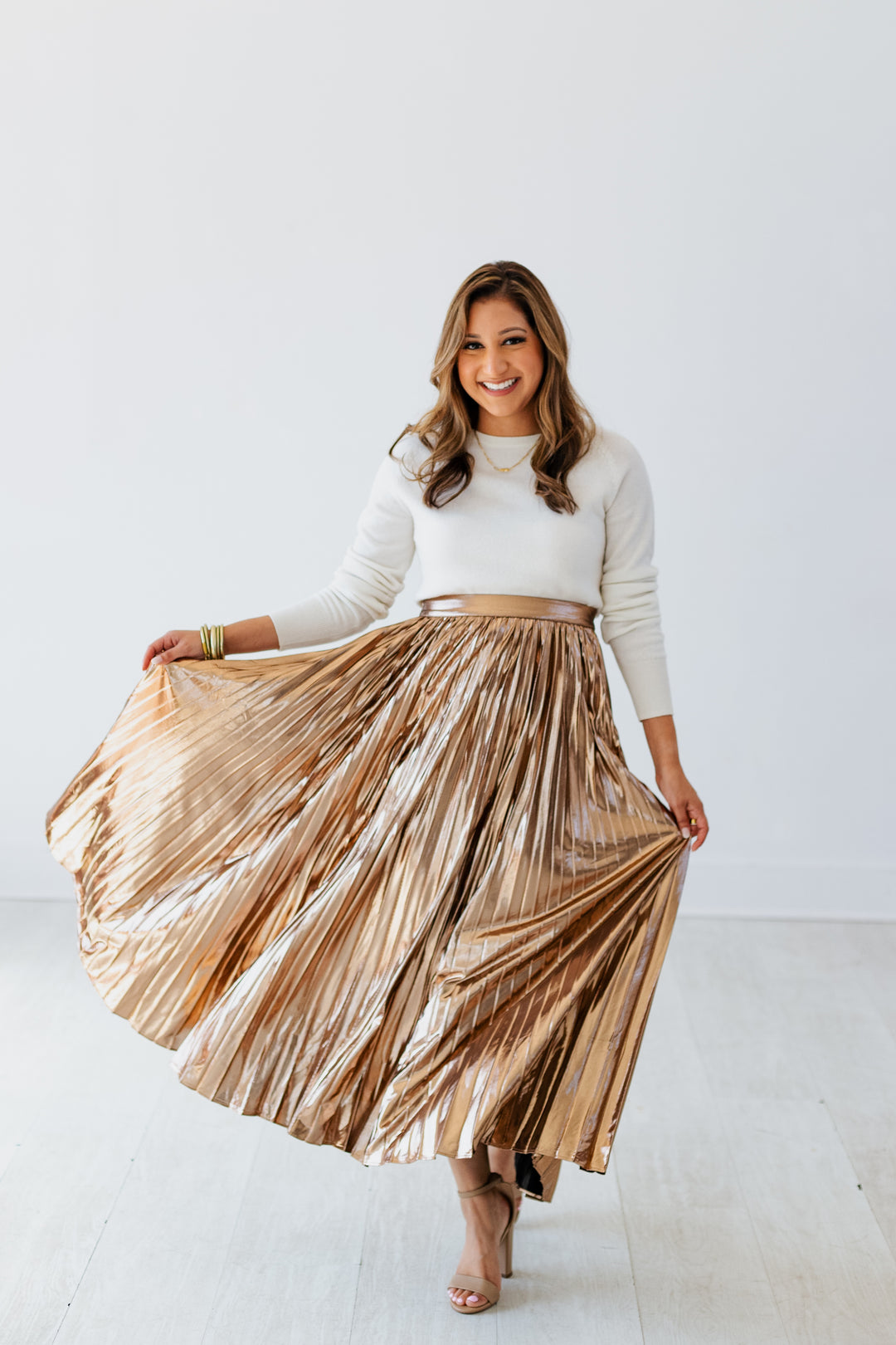 SHINING BRONZE PLEATED MIDI SKIRT