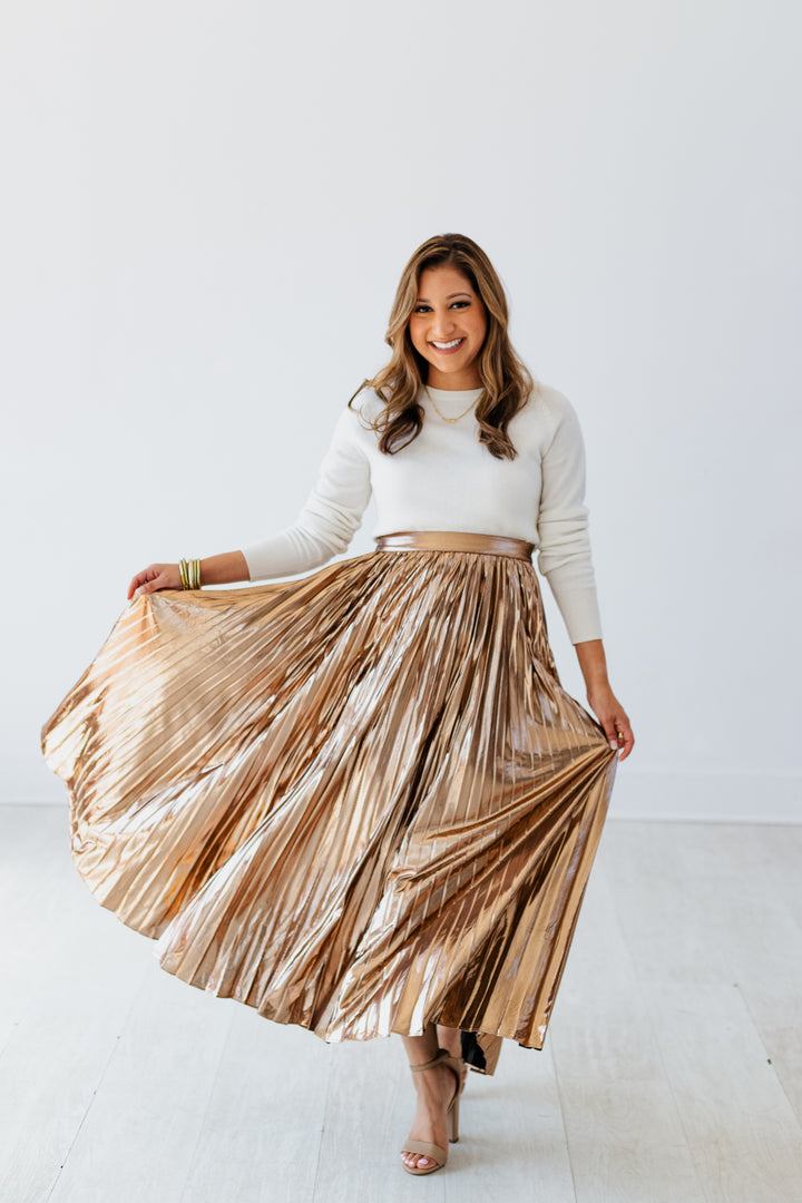 SHINING BRONZE PLEATED MIDI SKIRT