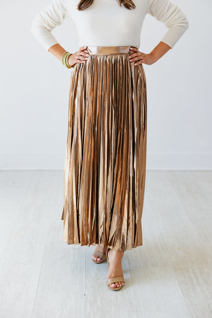 SHINING BRONZE PLEATED MIDI SKIRT