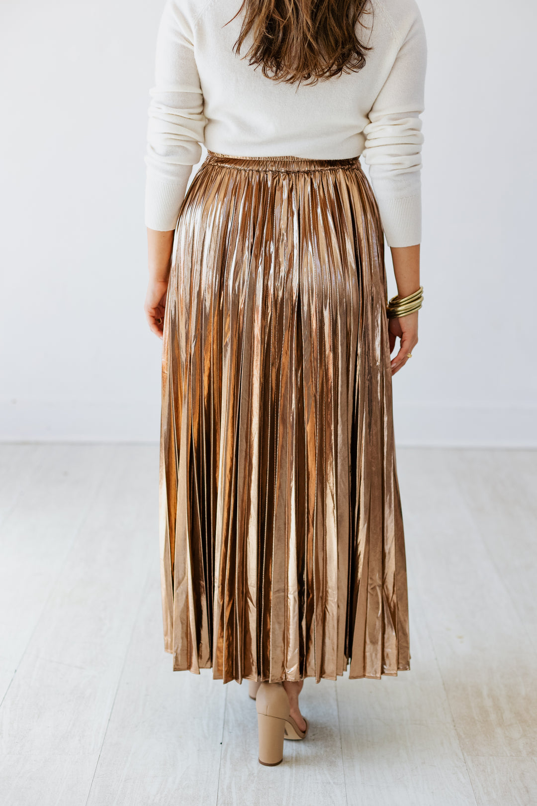 SHINING BRONZE PLEATED MIDI SKIRT