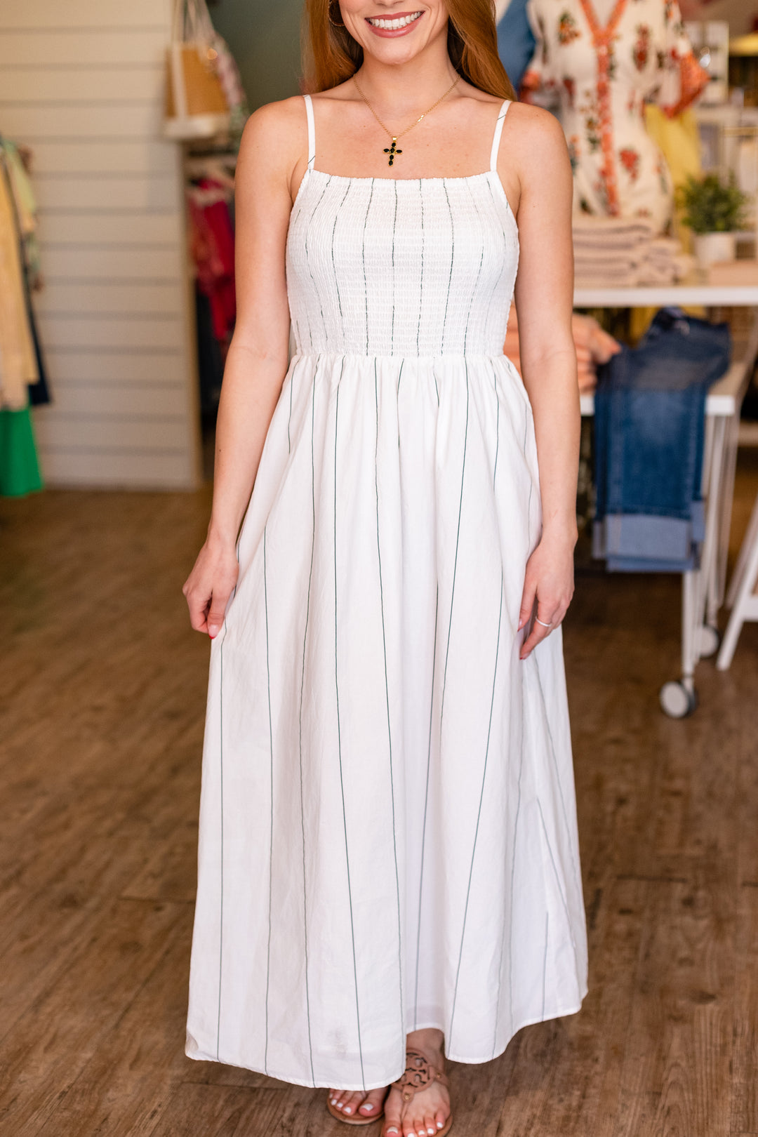 Z SUPPLY: BAYSIDE STRIPE LINEN MIDI DRESS-WHITE