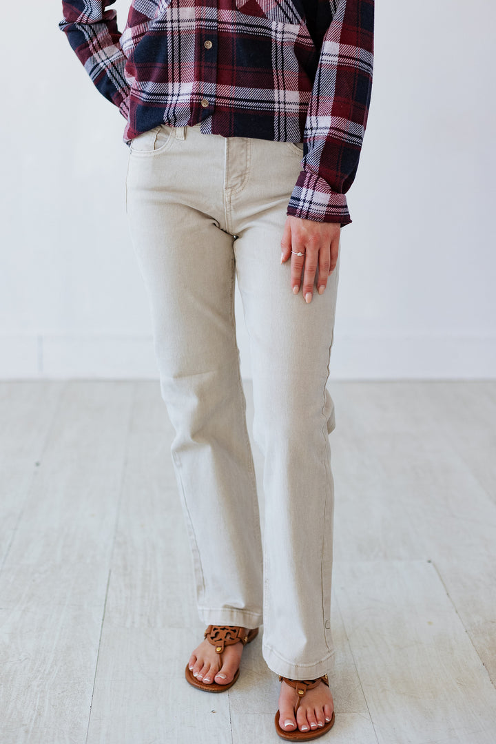 RISEN: MIDRISE ANKLE STRAIGHT LEG JEAN- ALMOND