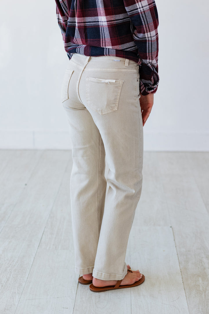 RISEN: MIDRISE ANKLE STRAIGHT LEG JEAN- ALMOND